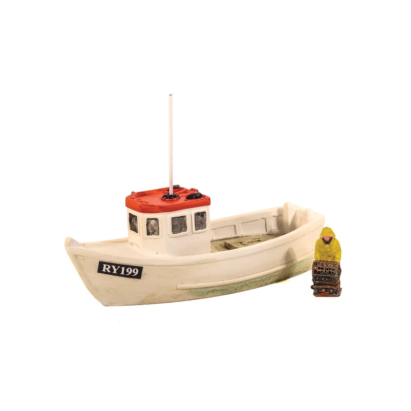 Lobster Boat with Fisherman and Red Roof