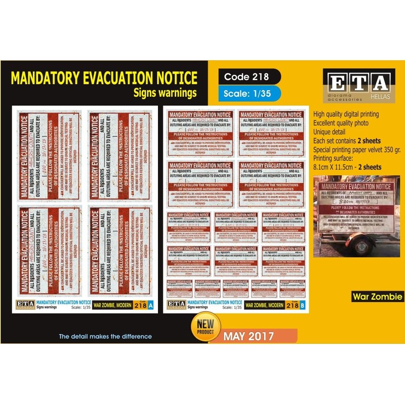 1/35 scale kit Mandatory Evacuation Notice Signs Warnings- Zombie wars – 1/35 scale – 2 sheets
