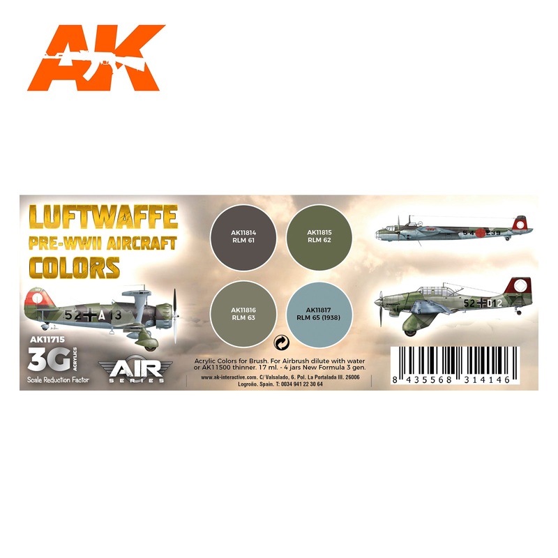 AK Interactive 3G Air Series – Luftwaffe Pre-WWII Aircraft Colors SET 3G