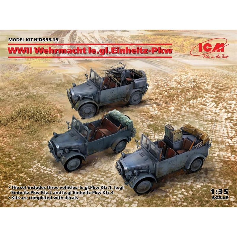 ICM – WWII Wehrmacht le.gl.Einheitz-Pkw (le.gl.Pkw Kfz.1, le.gl.Einheitz-Pkw Kfz.2, le.gl.Einheitz-Pkw Kfz.4)