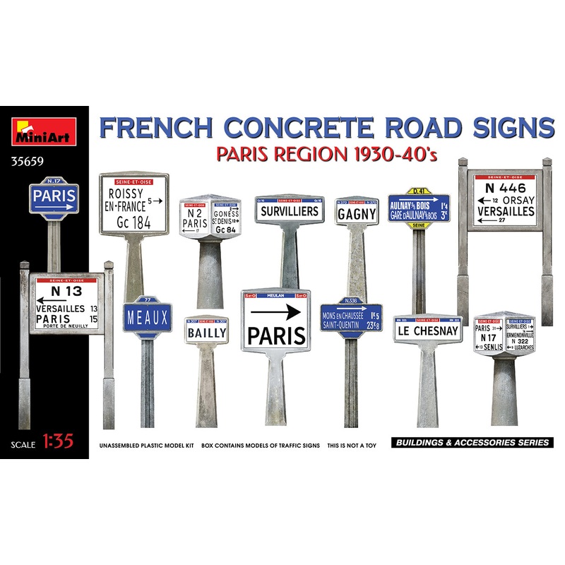 Miniart 1/35 WW2 FRENCH CONCRETE ROAD SIGNS. PARIS REGION 1930-40’s