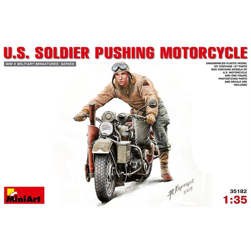 Miniart 1:35 U.S. Soldier Pushing Motorcycle