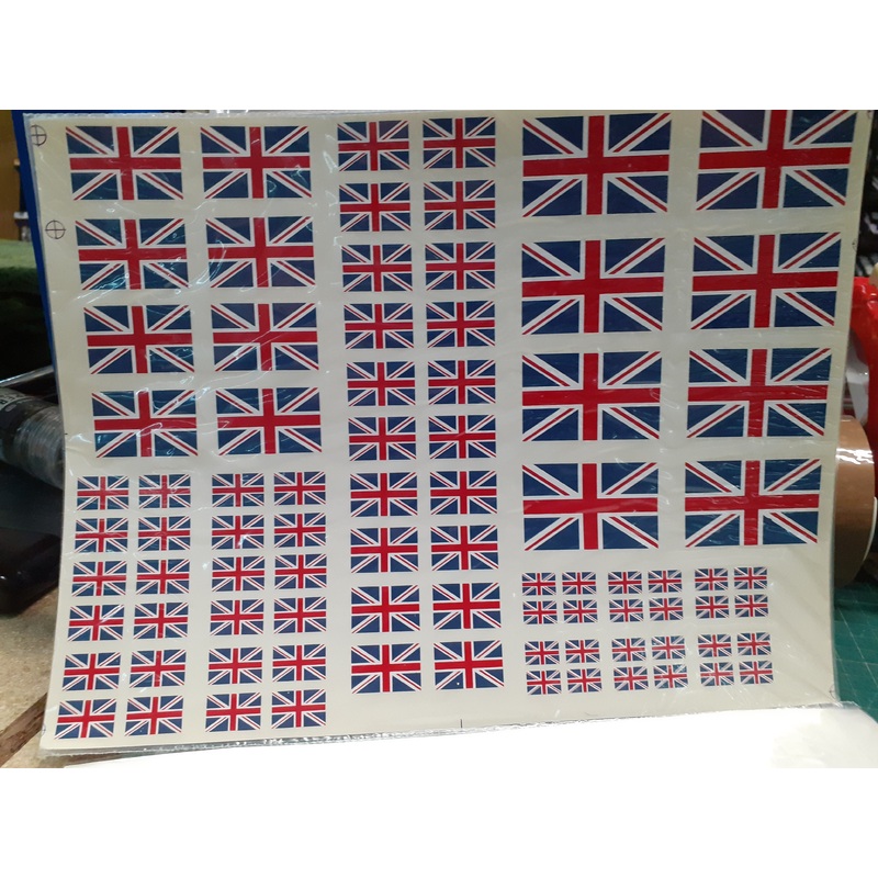 1/35 scale Assorted Union Jack flags approximate sizes…. 13mm x 8mm 19mm x 12mm 26mm x 16mm 38mm x 24mm 51mm x 33mm