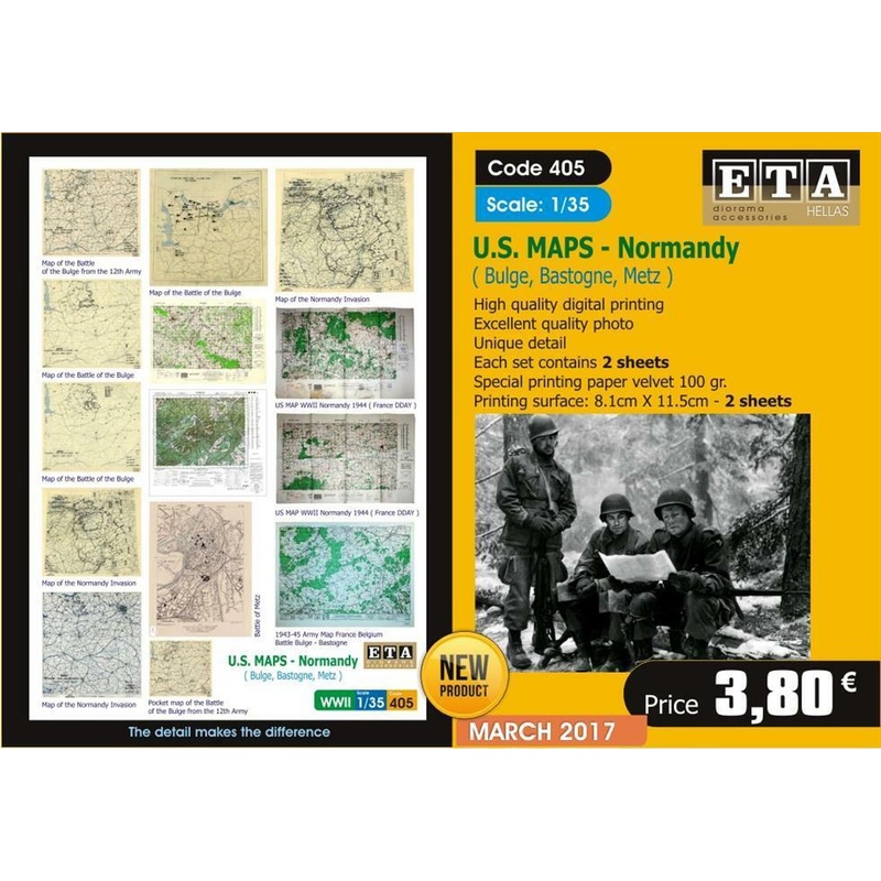 U.S. Maps Normandy – Bulge, Bastogne, Metz – 1/35 scale – 2 sheets