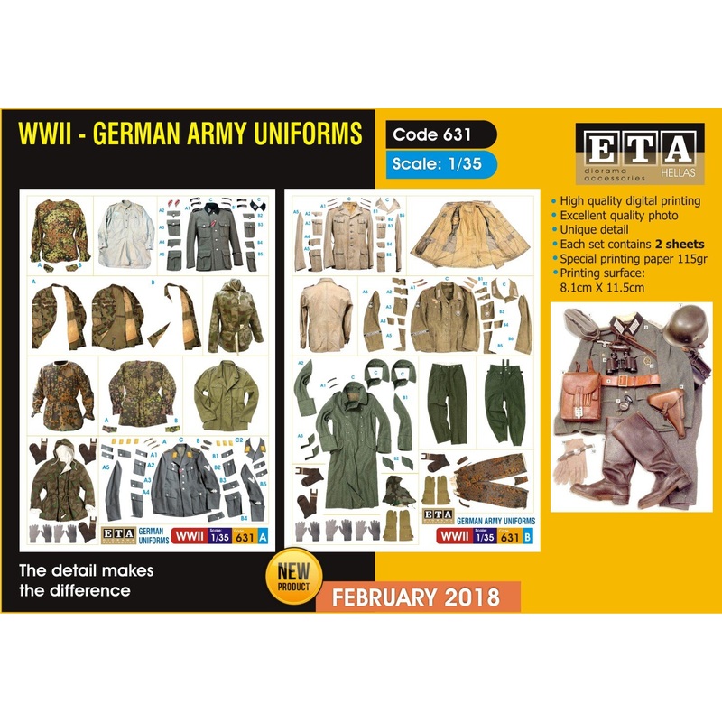 WW II German Army Uniforms- 1/35 scale – 2 sheets