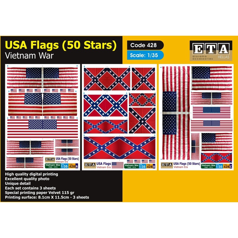 US Flags – 50 stars – Vietnam War- 1/35 scale – 3 sheets