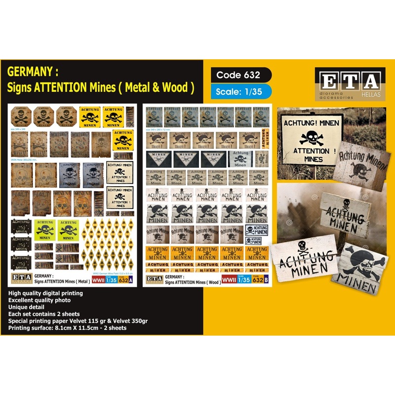 WW2 German Mine Warning Signs – Metal &Wood- 1/35 scale – 2 sheets
