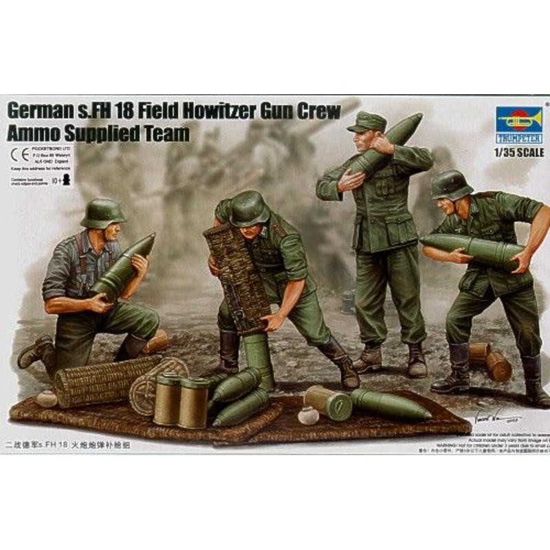 Trumpeter 1/35 WW2 German s.FH 18 Field Howitzer Gun Crew. Loading gun x 6 figures and ammunition