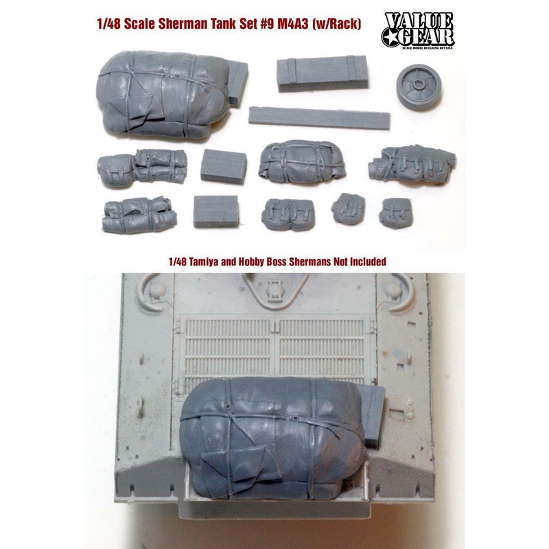 1/48 Scale resin stowage set Sherman Tank Set #9 Fits M4A3 tanks with rear rack.