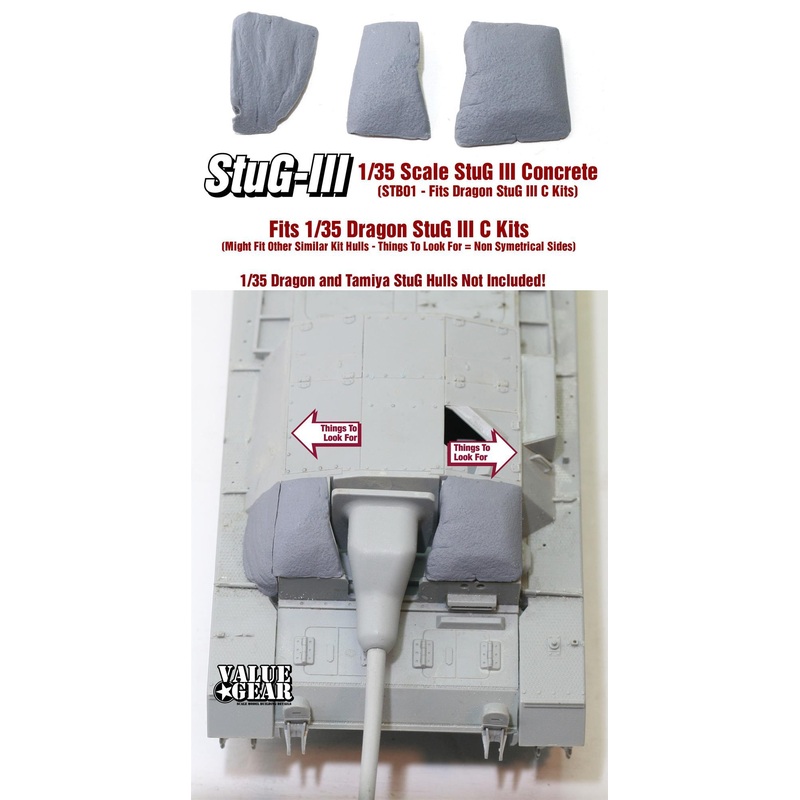 STB01 StuG III Concrete Armour. For 1/35 Dragon StuG III C (Kit #9035). Will Fit other early StuG’s with Similar Upper Hull with the Non Symmetrical Sides.