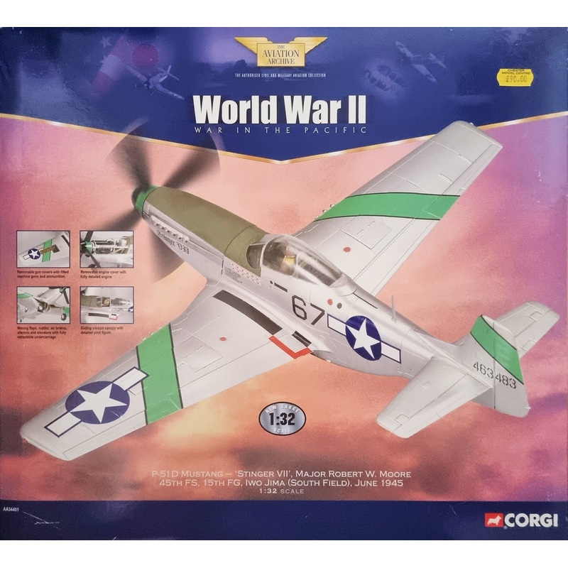 Corgi AA34401 P51D Mustang – ‘Stinger VII’, Major Robert W. Moore 45th FS, 15th FG, Iwo Jima (South Field), June 1945