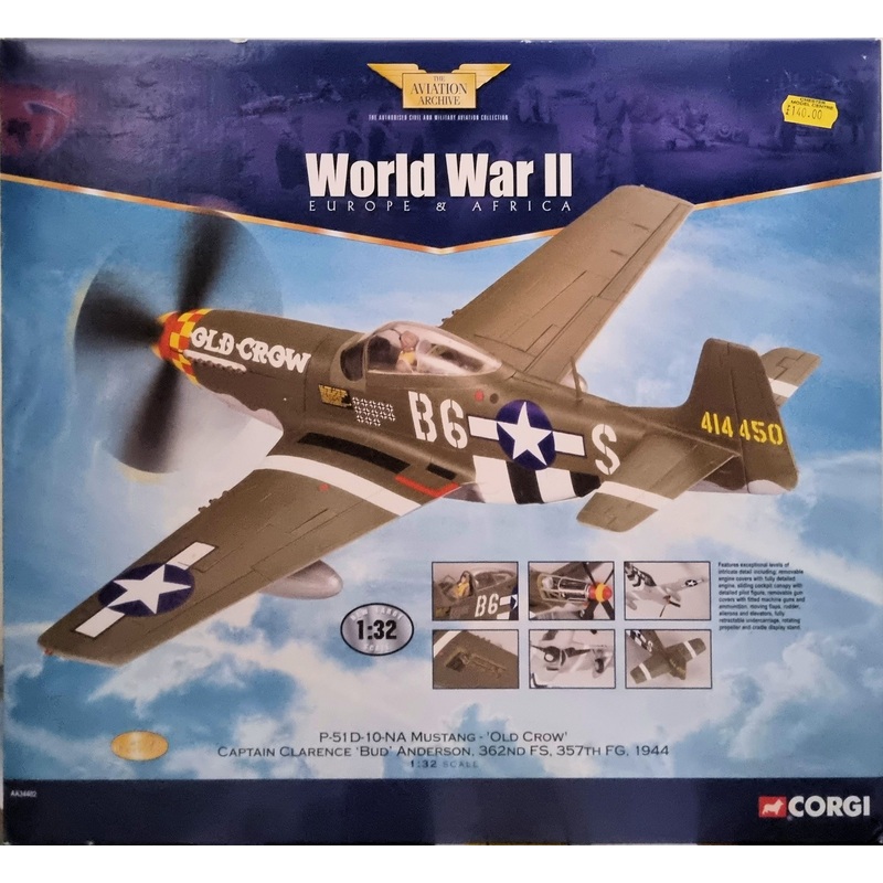 Corgi AA34402 North American P-51D Mustang Diecast Model USAAF 357th FG, 362nd FS, #44-14450 ‘Old Crow’, Bud Anderson