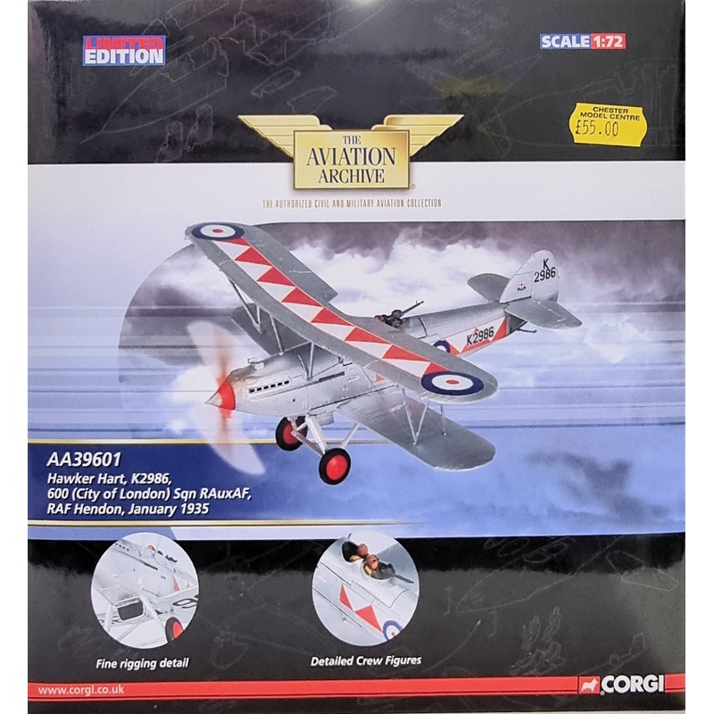 Corgi AA39601 Hawker Hart Mk I Diecast Model RAF No.600 Sqn, K2986, RAF Hendon, London, 1935
