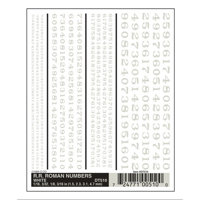 DT510 WOODLAND SCENICS – Decals – R.R. Roman Numbers – White