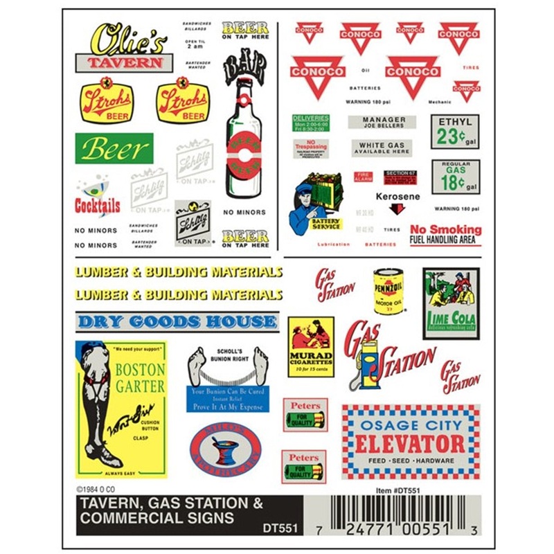 DT551 WOODLAND SCENICS – Decals – Tavern, Gas Station & Commercial Signs