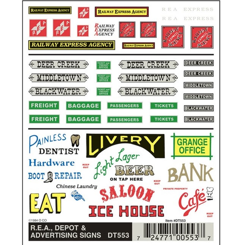 DT553 WOODLAND SCENICS – Decals –  R.E.A., Depot & Advertising Signs
