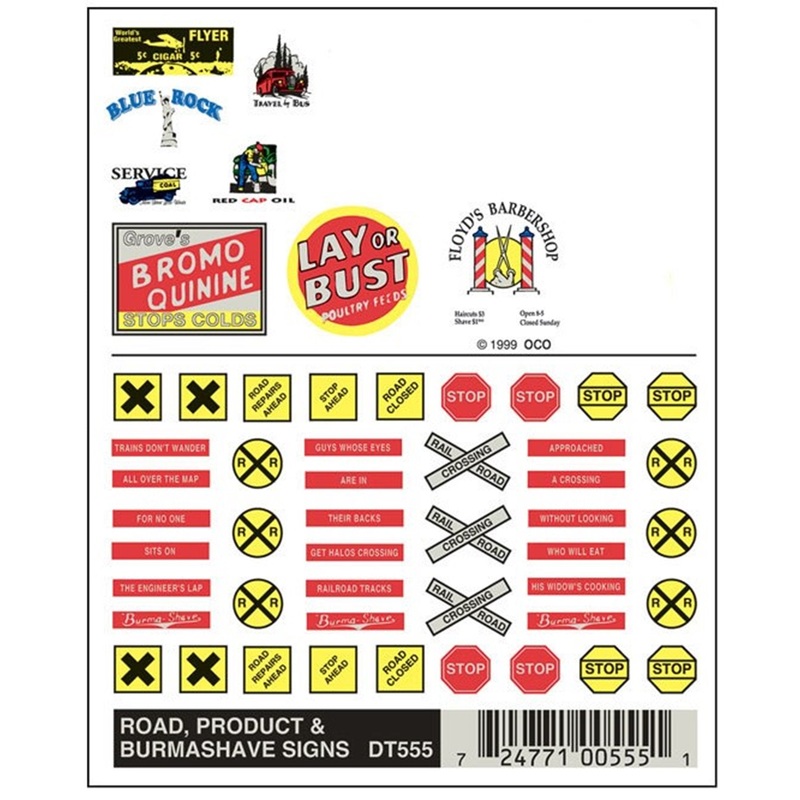 DT555 WOODLAND SCENICS – Decals – Road, Product & Burmashave Signs