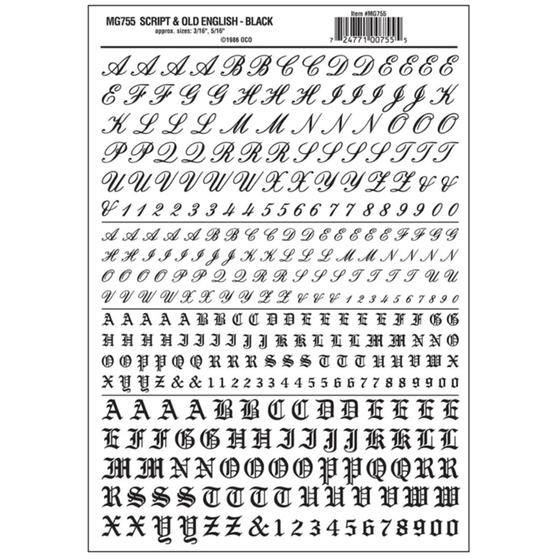MG755 WOODLAND SCENICS – Decals – Script & Old English Black