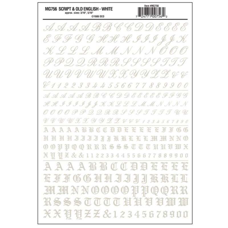 MG756 WOODLAND SCENICS – Decals – Script & Old English White