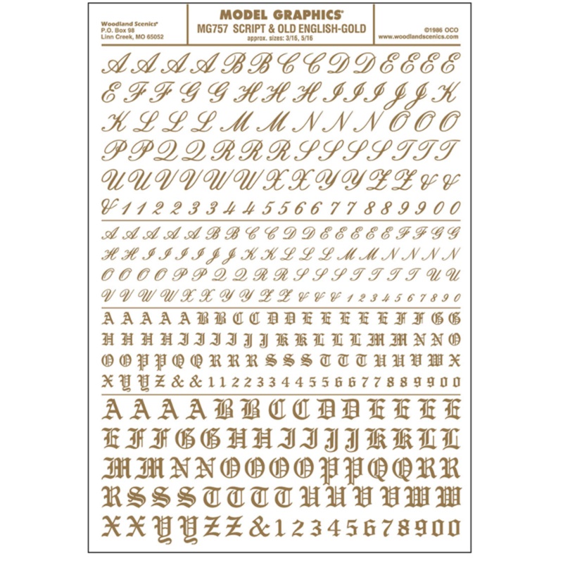MG757 WOODLAND SCENICS – Decals – Script & Old English Gold