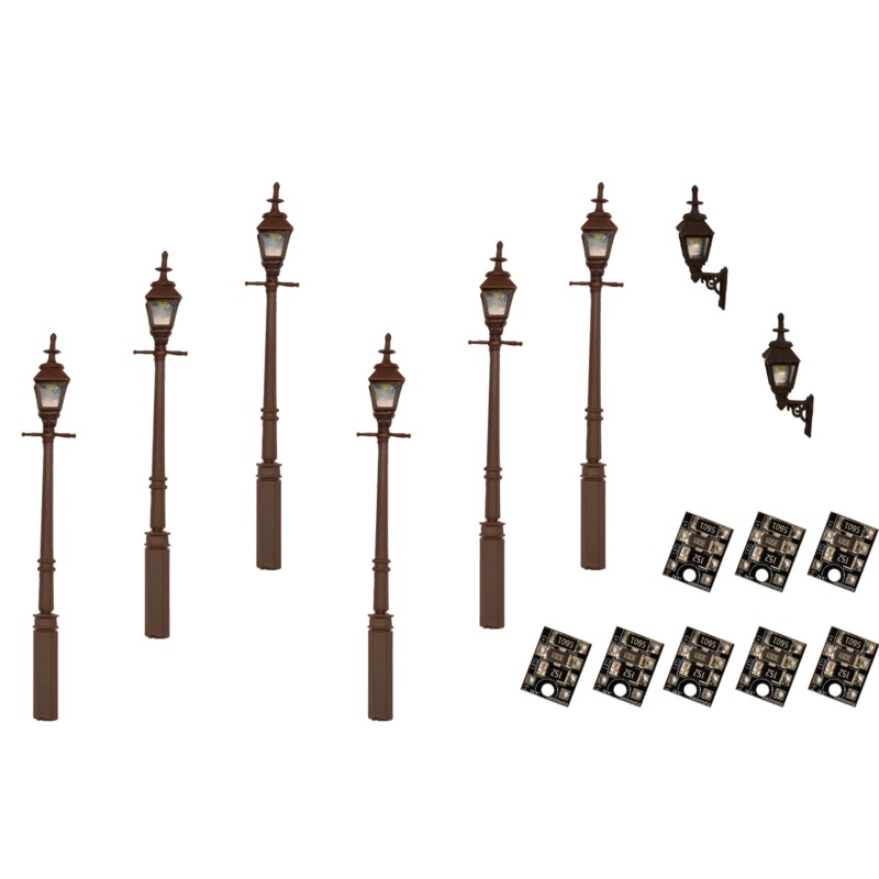4mm Scale Gas Lamps Value Pack  Black (2x Wall Lamps, 6x Street/Platform Lamps)