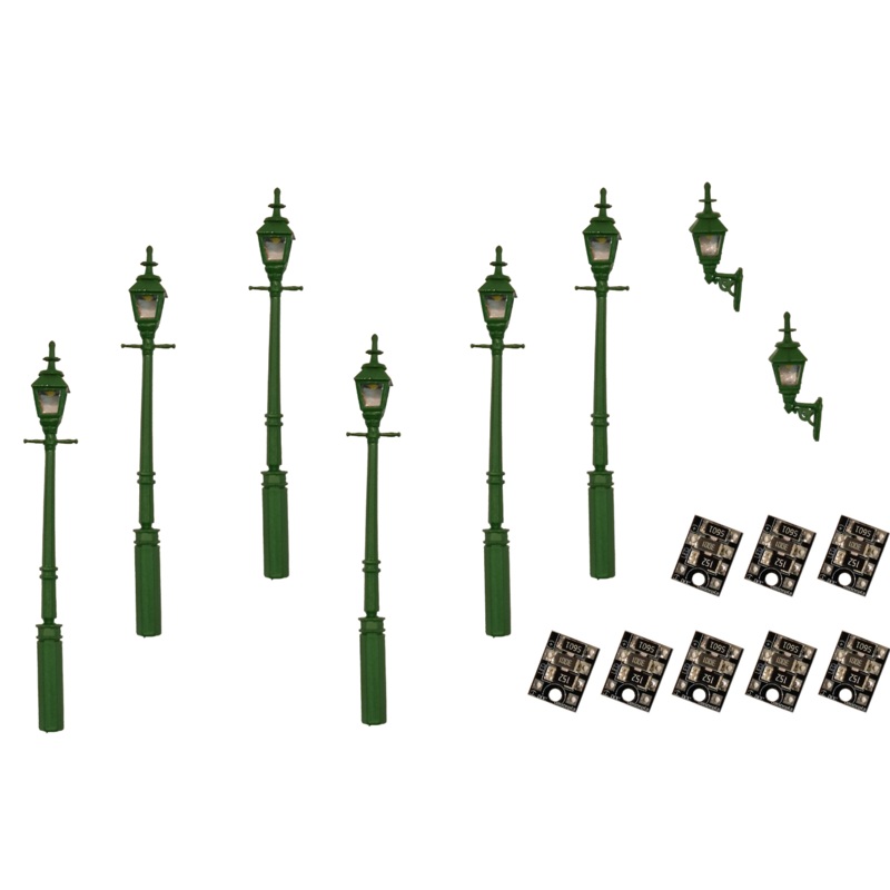 4mm Scale Gas Lamps Value Pack  Green (2x Wall Lamps, 6x Street/Platform Lamps)