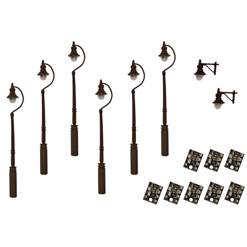 4mm Scale Swan-Neck Lamps Value Pack  Black (2x Wall Lamps, 6x Street/Platform Lamps)