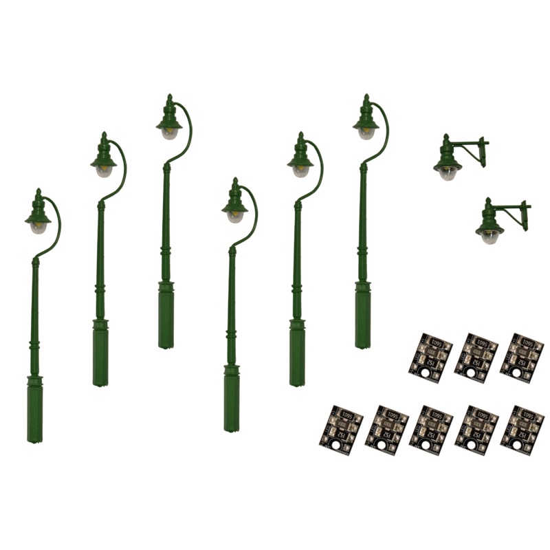 4mm Scale Swan-Neck Lamps Value Pack  Green (2x Wall Lamps, 6x Street/Platform Lamps)