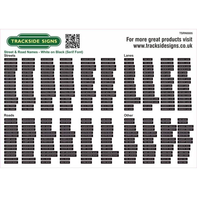 Street Name Signs (White on Black) (Serif Font) – OO Gauge
