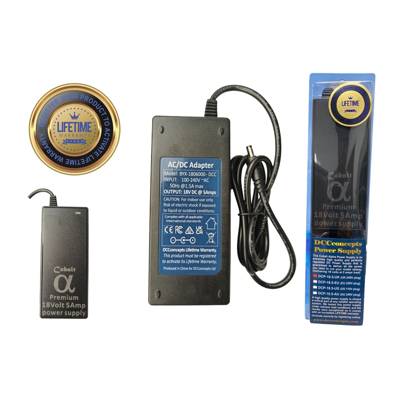 Cobalt 18V DC, 5A (EU) Premium high reliability power supply for DC/DCC systems  2.5mm DC EU plug