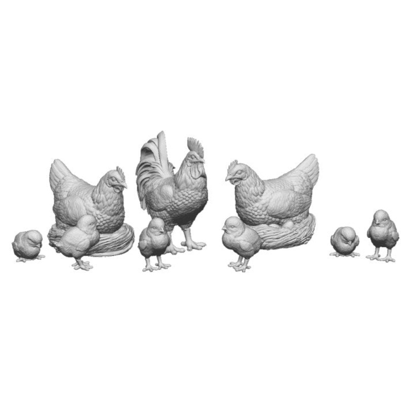 O Gauge Pets, Wildlife & Livestock – Cockerel, Hens and Chicks