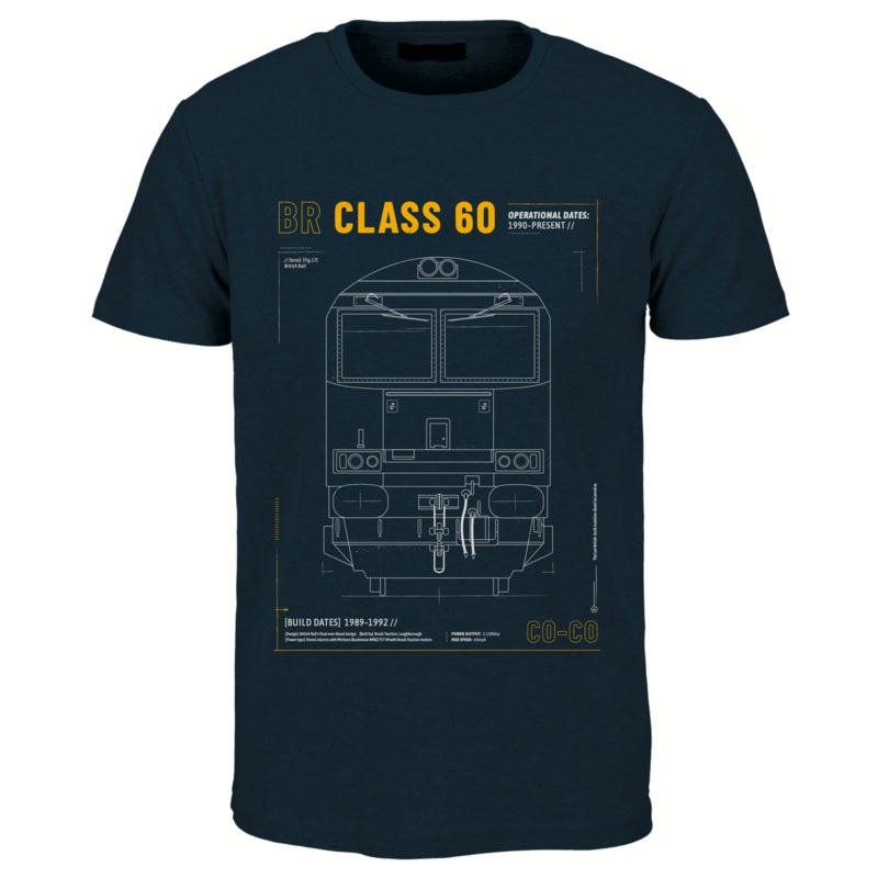 Class 60 Technical Drawing Blueprint Railway T Shirt (Navy)