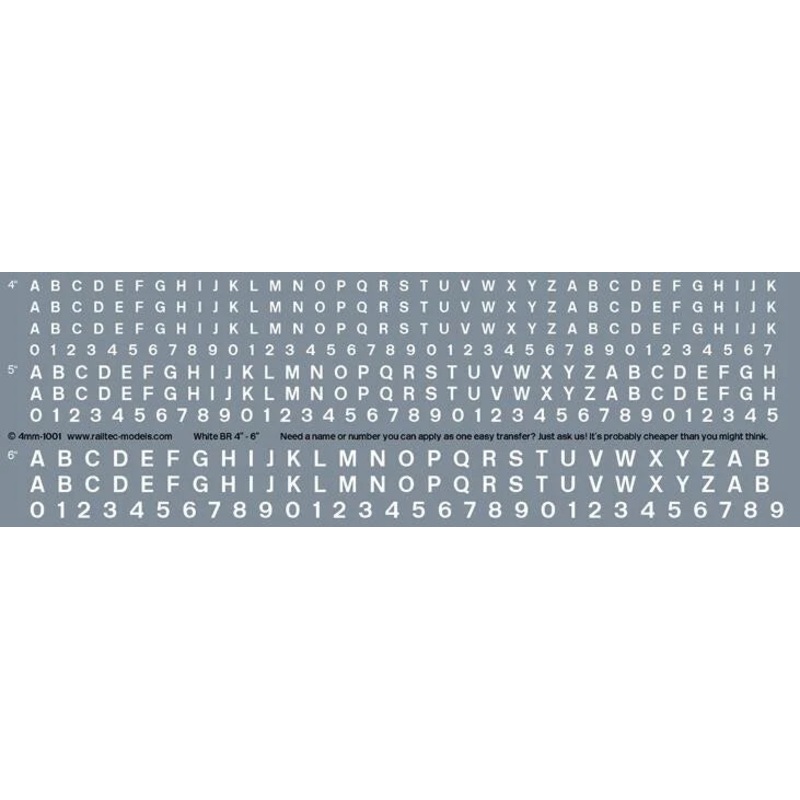 Numeric/Alphabet Sheet: White BR Scale 4-6 for OO Gauge Waterslide Decals