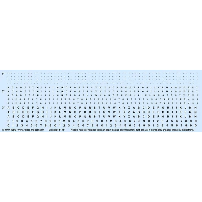 Numeric/Alphabet Sheet: Black BR scale 1 – 3 for OO Gauge Waterslide Decals