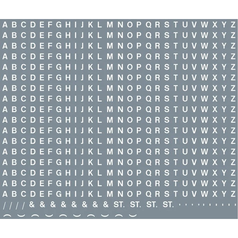 Numeric/alphabet sheet: white BR lettering (2mm high) Waterslide Decals