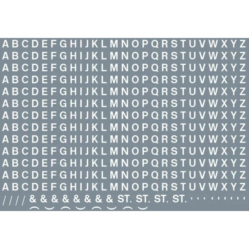 Numeric/alphabet sheet: white BR lettering (3mm high) Waterslide Decals