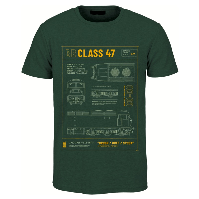 Class 47 Technical Drawing Blueprint Railway T Shirt (Green)