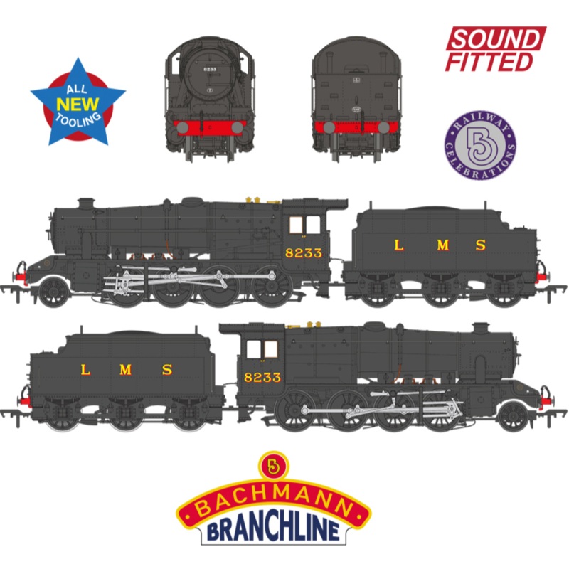 LMS 8F with Riveted Tender 8233 LMS Black Steam Locomotive – DCC Sound